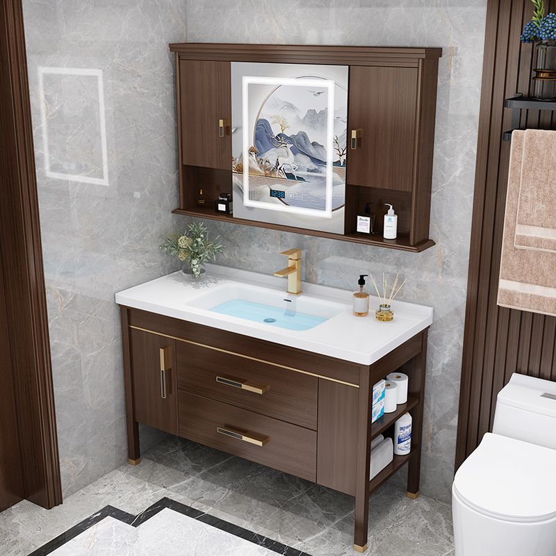 新中式浴室镜柜橡木实木智能浴室柜组合卫生间洗漱台洗脸盆柜定制