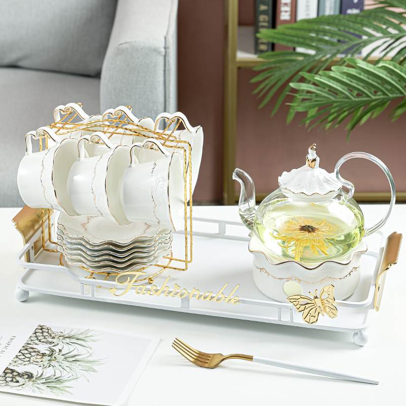 欧式花茶壶创意蜡烛简约典雅玻璃茶壶陶瓷水杯组合泡茶壶杯装
