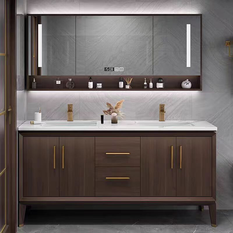定制轻奢岩板新中式橡木实木浴室柜组合卫生间双盆洗漱台洗脸盆柜