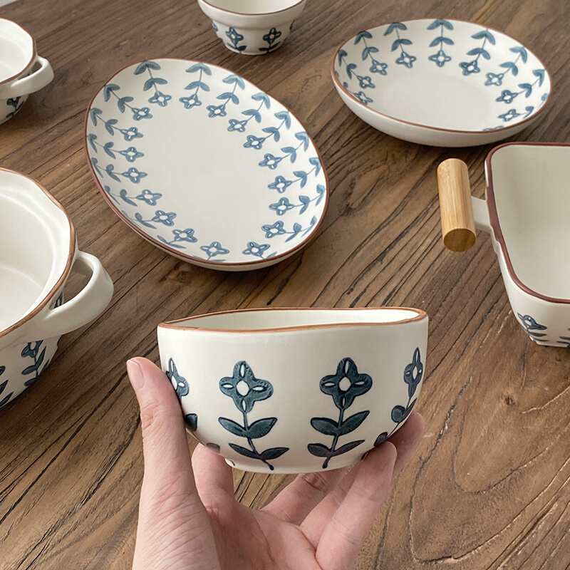 日式手绘蓝色小花 陶瓷餐具 亚光复古釉下彩 餐盘子饭碗家用民宿