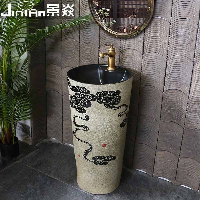 中式复古陶瓷洗手盆台盆一体立柱式洗脸盆立柱盆卫生间落地式家用