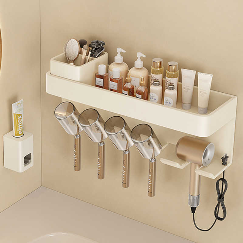 奶油风牙刷置物架卫生间吹风机支架浴室壁挂式洗漱杯口杯牙具架子