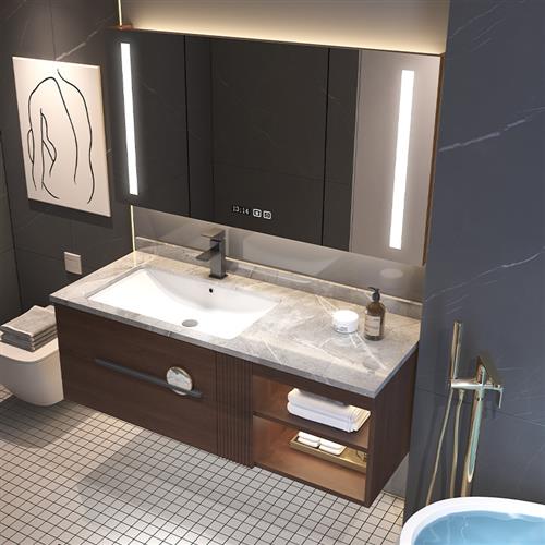 新中式橡木浴室柜组合卫生间实木岩板池洗脸盆柜智能洗漱台卫浴柜