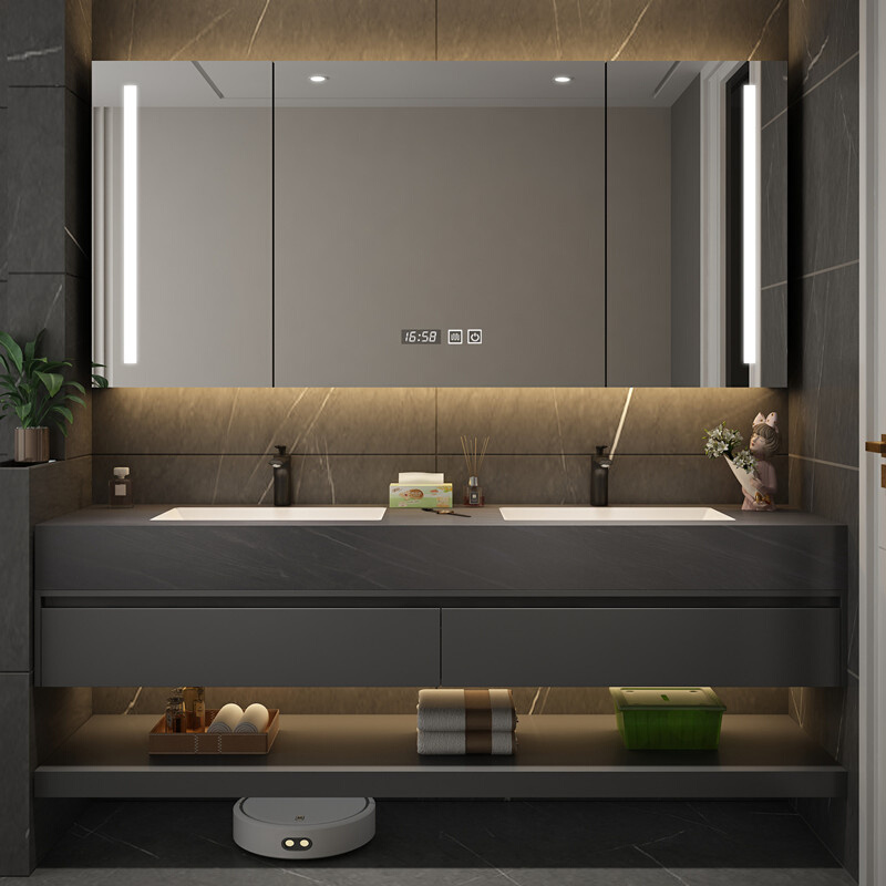 浴室柜现代简约岩板无缝一体盆洗漱台卫生间双洗脸池台盆柜组合
