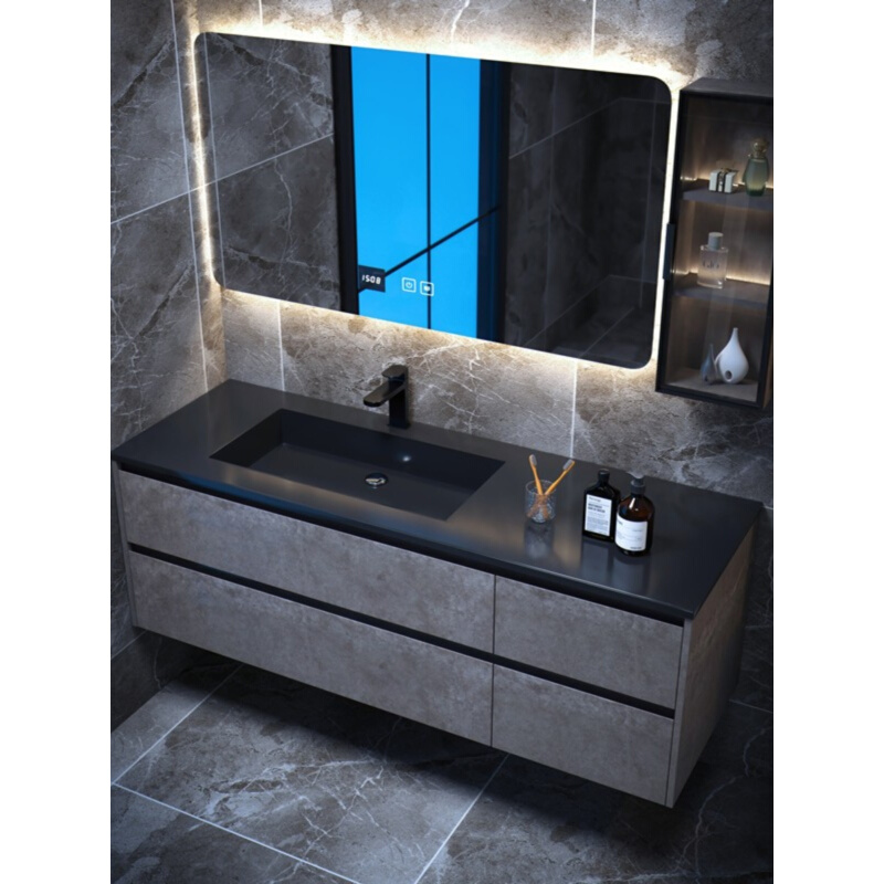 简约现代岩板陶瓷一体盆浴室镜柜组合卫生间实木洗脸盆洗漱台盆柜