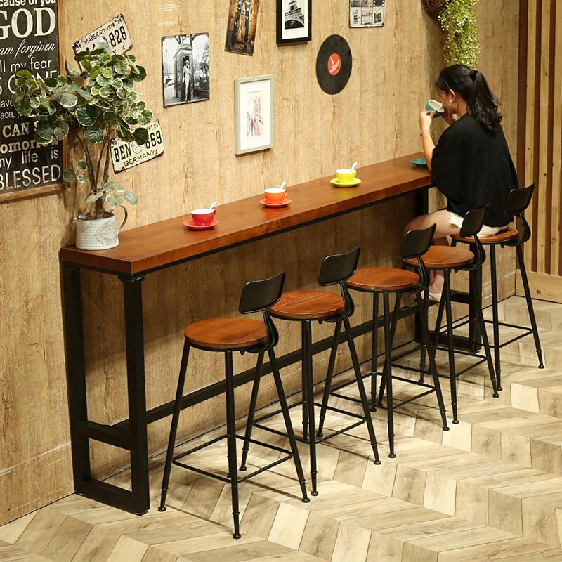 铁艺实木高脚靠墙吧台桌子家用咖啡厅奶茶店长条美式酒吧桌椅组合