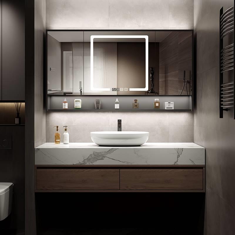设计师定制岩板一体盆浴室柜组合现代轻奢智能镜柜简约洗脸洗手台