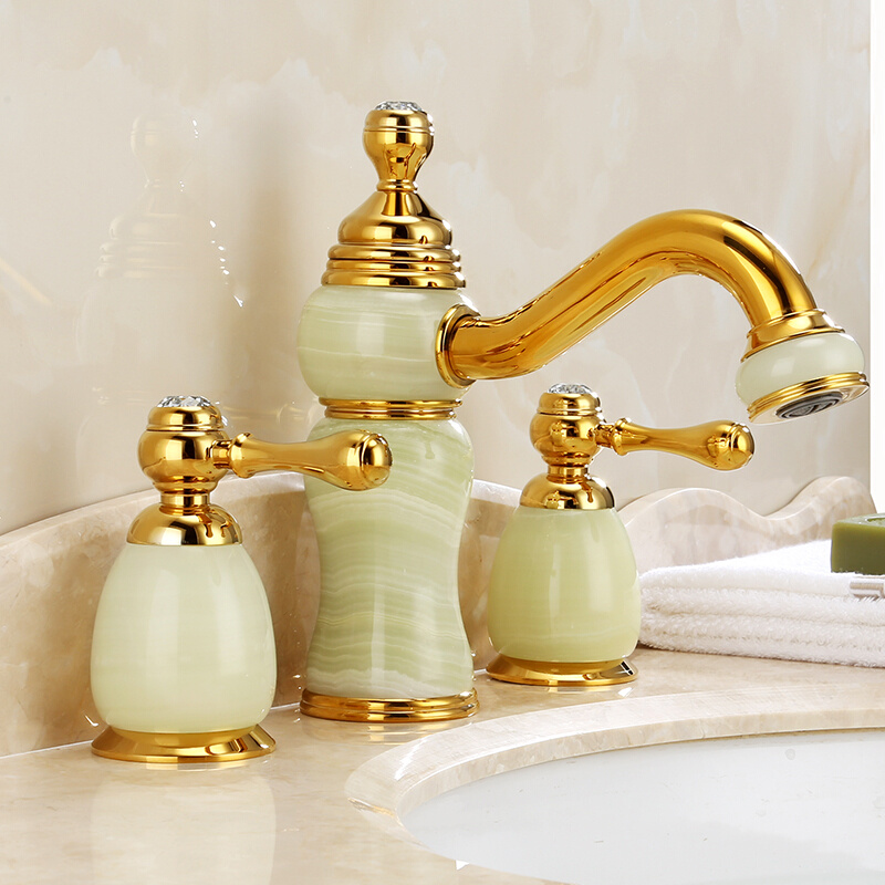 金色欧式全铜玉石冷热水龙头三孔分体大理石面盆洗手卫生间浴室柜