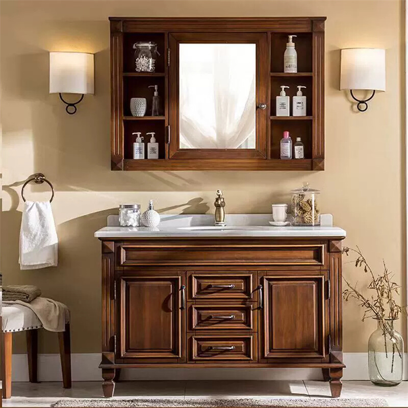 美式浴室柜组合实木落地式洗手台卫生间洗漱台橡木洗脸洗面池卫浴