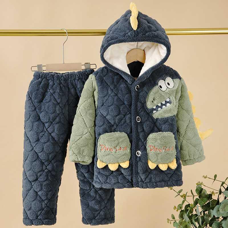 冬季男童法兰绒睡衣加厚款三层夹棉宝宝小孩中大童儿童家居服套装