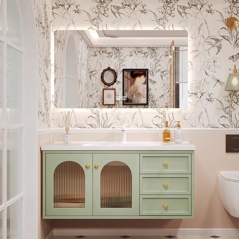 法式橡木烤漆实木浴室柜组合陶瓷一体洗手池卫生间洗漱台洗脸盆柜