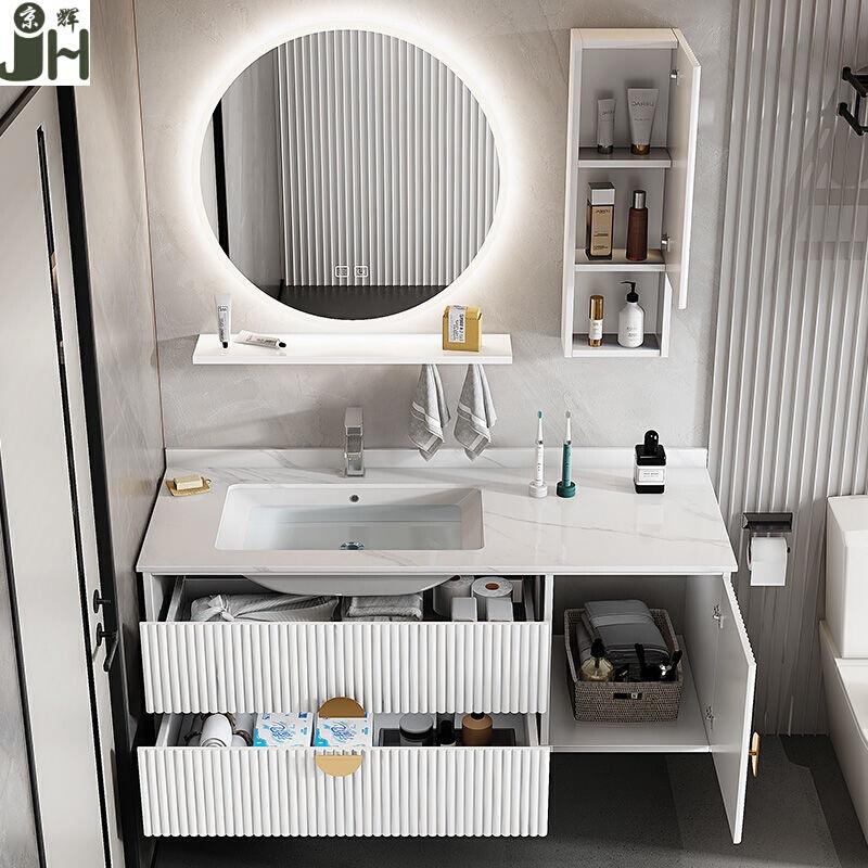 轻奢浴室柜卫生间洗漱台面盆洗手盆柜组合简约现代智能圆镜柜实木