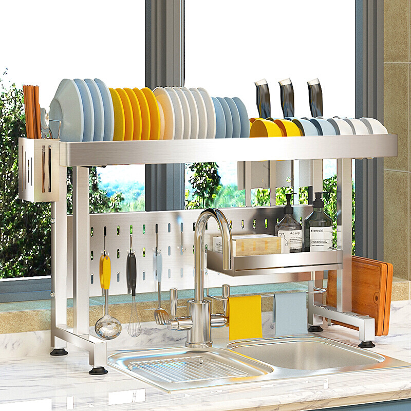 收纳不锈钢沥水水槽多功能伸缩双层架台面可厨房碟子置物架碗筷架