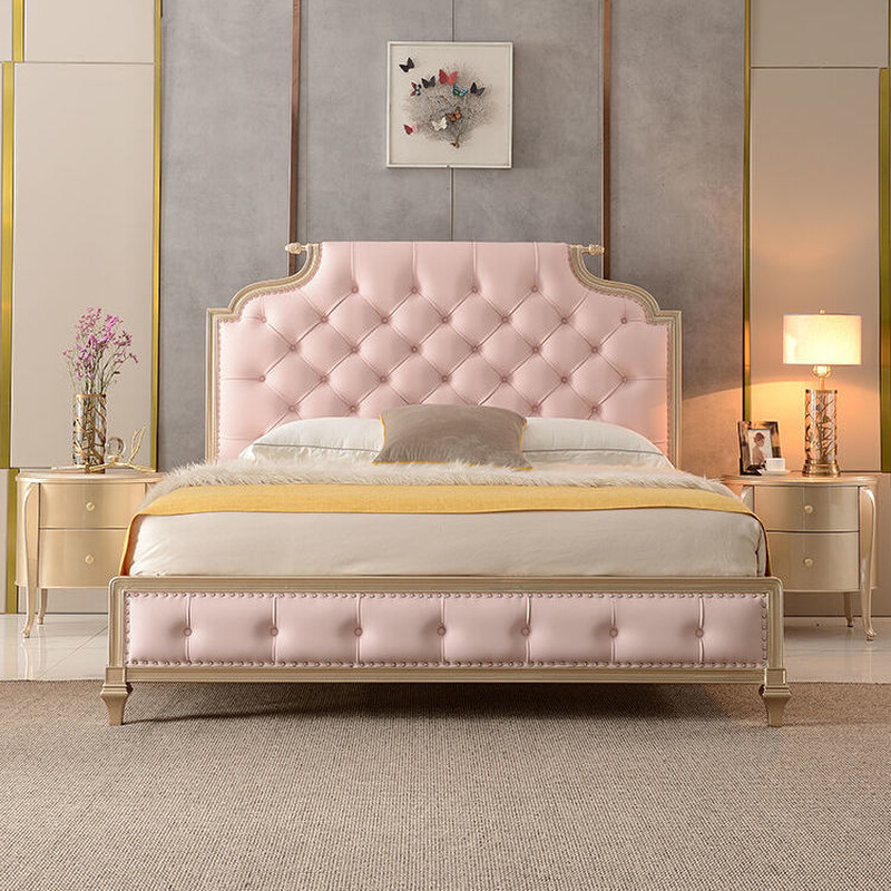 轻奢床美式轻奢实木床现代简约简奢法式公主床粉色皮床双人主卧床