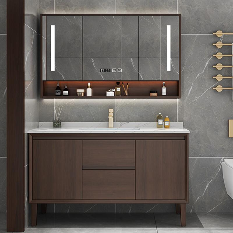 新中式橡木岩板浴室柜组合卫生间实木智能脸手洗脸盆柜洗漱台卫浴