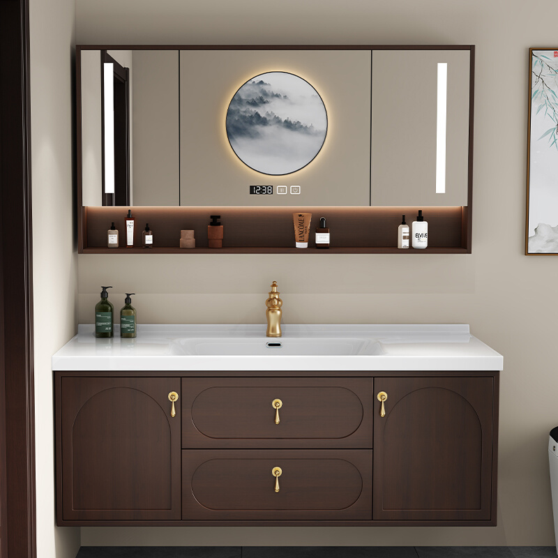 新中式橡木陶瓷一体盆浴室柜组合卫生间洗脸盆柜卫浴柜现代轻奢