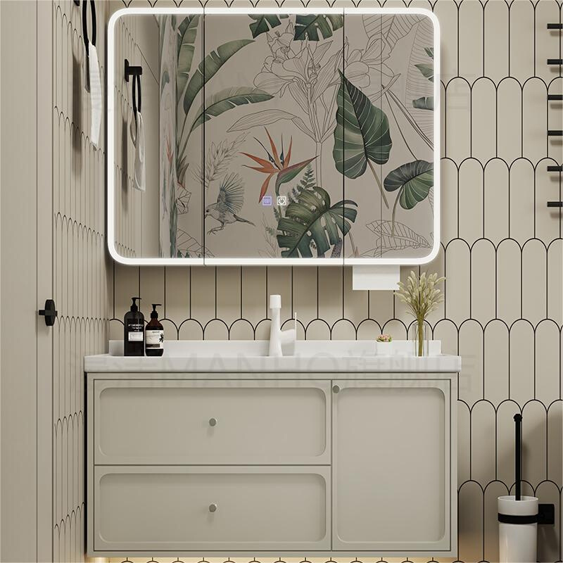 法式复古风橡木烤漆浴室柜陶瓷一体盆洗手洗脸盆卫生间洗漱台组合