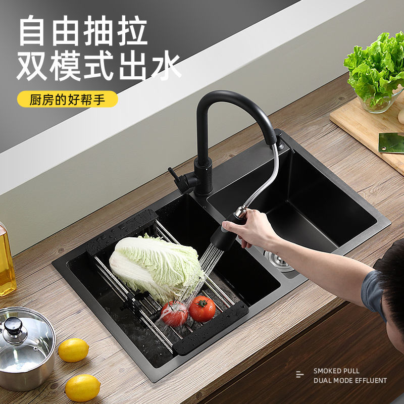 网红纳米厨房水槽双槽加厚304不锈钢黑色家用洗菜盆手工洗碗单盆