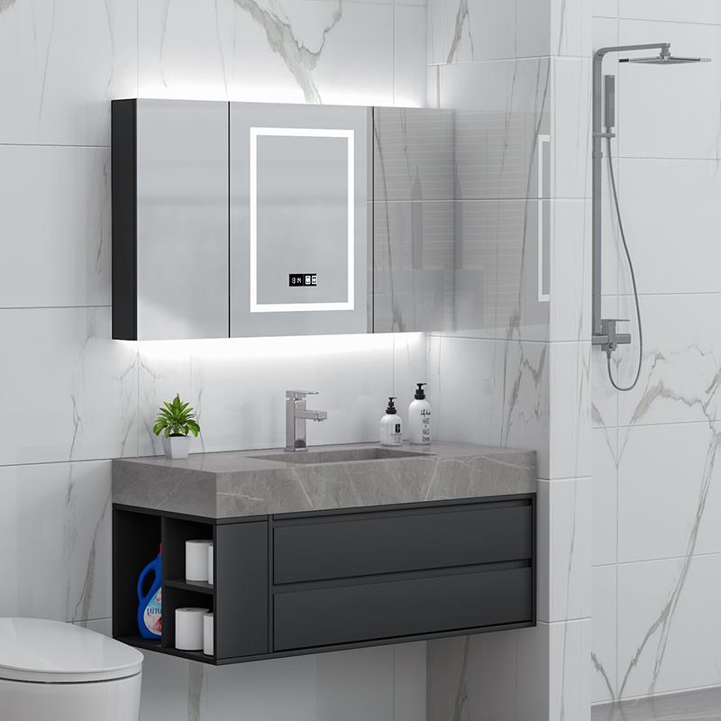 现代简约浴室柜组合橡木智能镜柜卫生间卫浴洗漱台洗手洗脸岩板盆