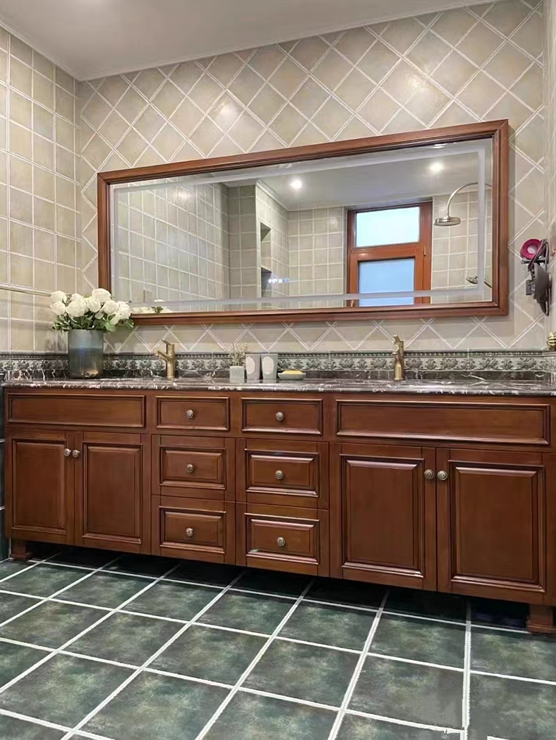 卫浴美式双盆浴室柜组合落地洗脸盆池橡木洗手洗漱台卫生间智能镜
