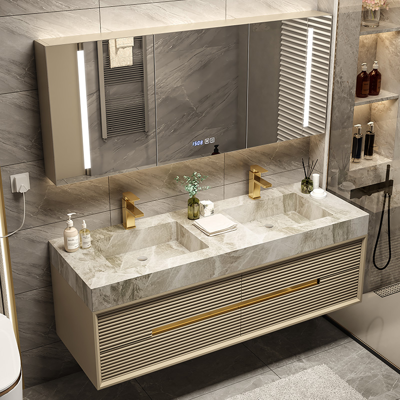 岩板浴室柜现代轻奢洗脸池橡木洗漱台智能镜洗手柜双盆组合奶茶色