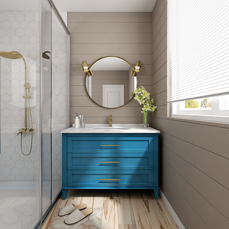 现代美式实木橡胶木组合柜洗漱台盆浴室柜小户型简约落地洗脸池柜