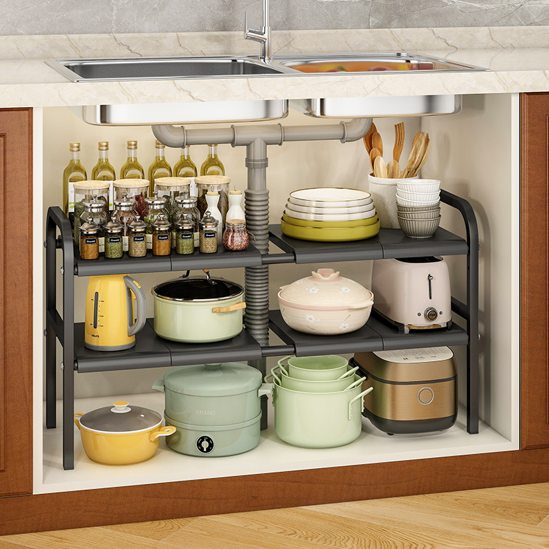 厨房可伸缩下水槽置物架橱柜内分层架储物柜子多功能锅具收纳架子