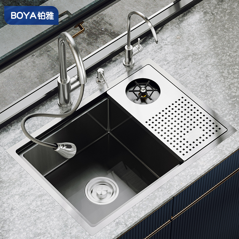 铂雅990厨房黑色纳米隐形水槽不锈钢单槽水集成吧台Y洗杯器洗菜盆