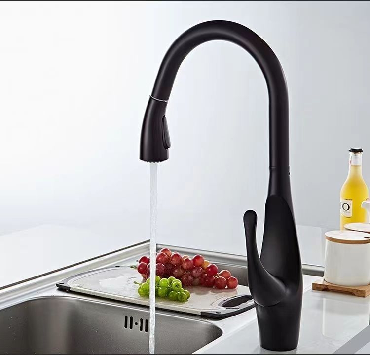 厨房黑色抽拉式冷热水龙头多功能伸缩可旋转水槽菜盆水龙头防溅水