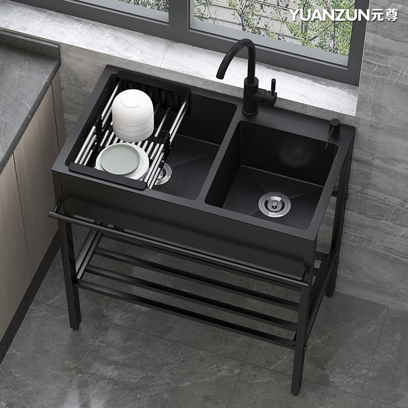 简易洗菜盆单水槽带支架厨房水池双槽不锈钢洗手盆一体洗碗池黑色