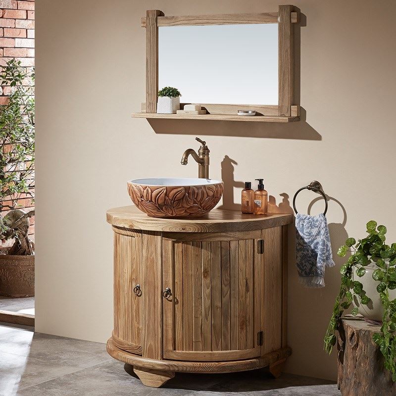 新现代中式仿古古典实木半圆形创意弧形洗手洗脸盆浴室柜组合落地