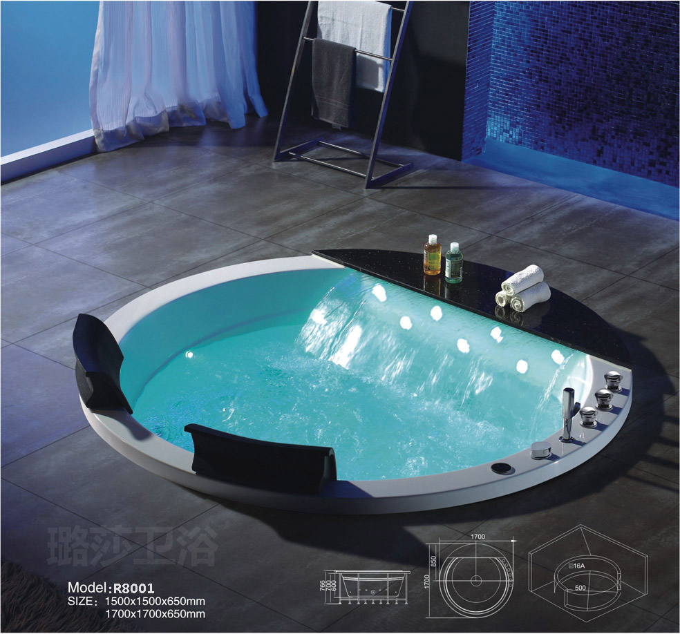 圆形冲浪浴缸嵌入式浴缸亚克力大瀑布水景双人按摩浴缸1.5米1.7米