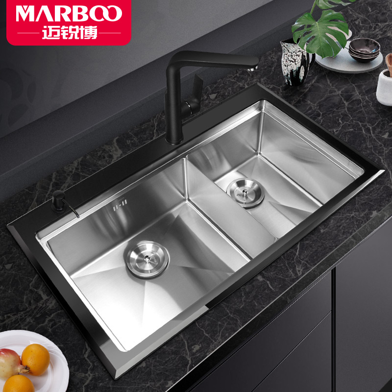 新品迈锐博厨房不锈钢水槽手工家用洗菜盆双槽黑色玻璃加厚洗碗槽
