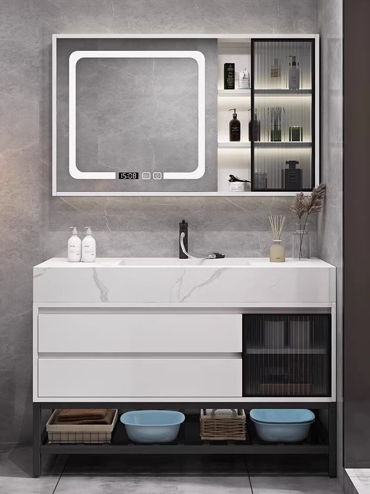 轻奢实木浴室柜岩板无缝拼接一体盆家用洗手洗脸盆智能镜柜组合