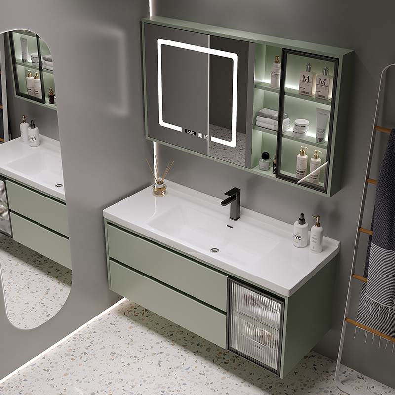 绿色陶瓷一体盆浴室柜组合智能卫生间洗漱台洗脸洗手盆柜卫浴套装