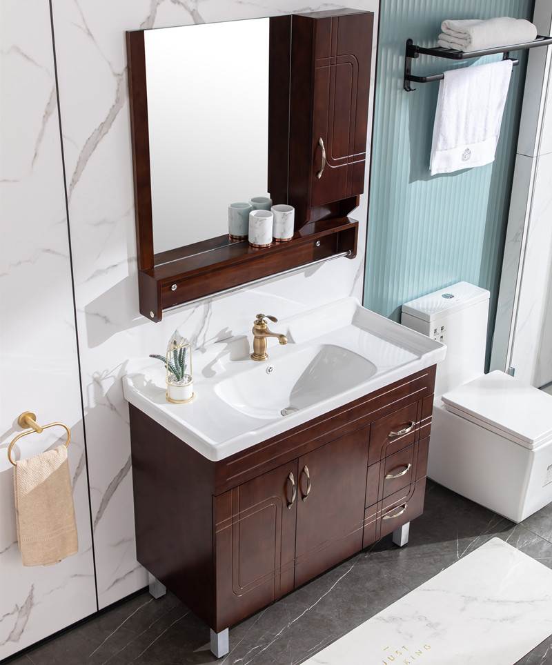 新中式浴室柜组合岩板洗手池洗脸盆柜落地实木洗漱台一体盆柜卫浴