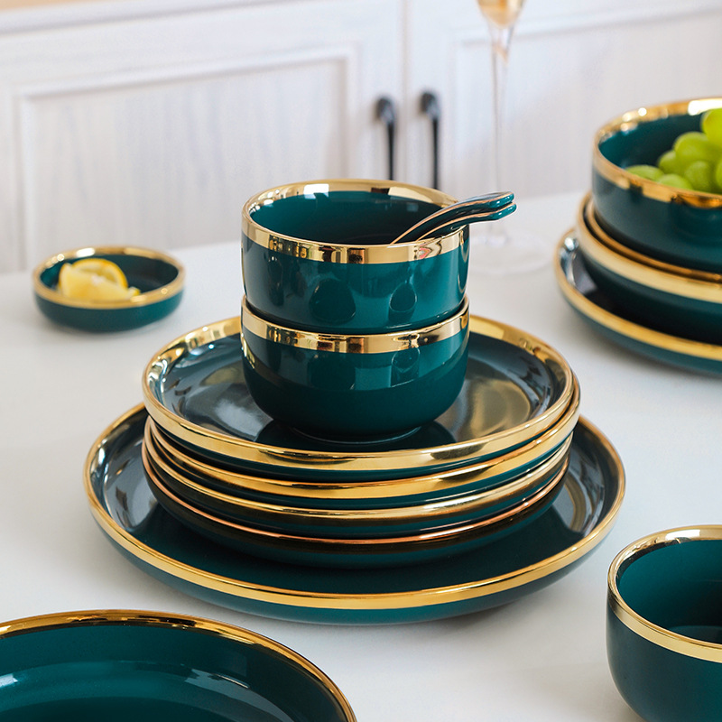 祖母绿轻奢家庭装碗盘碗筷饭碗餐具北欧创意个性家用陶瓷碗碟套装