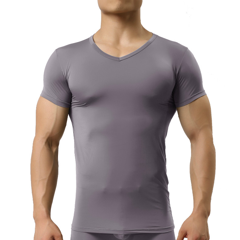WOXUAN男士短袖T恤  弹性锦纶超薄丝滑半透明修身V领上衣WX-1202