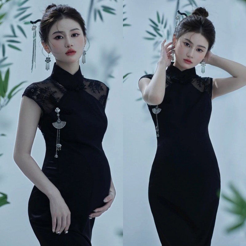 2024孕妇照服装新款影楼中国风中式复古黑色丝绒旗袍艺术拍照礼服