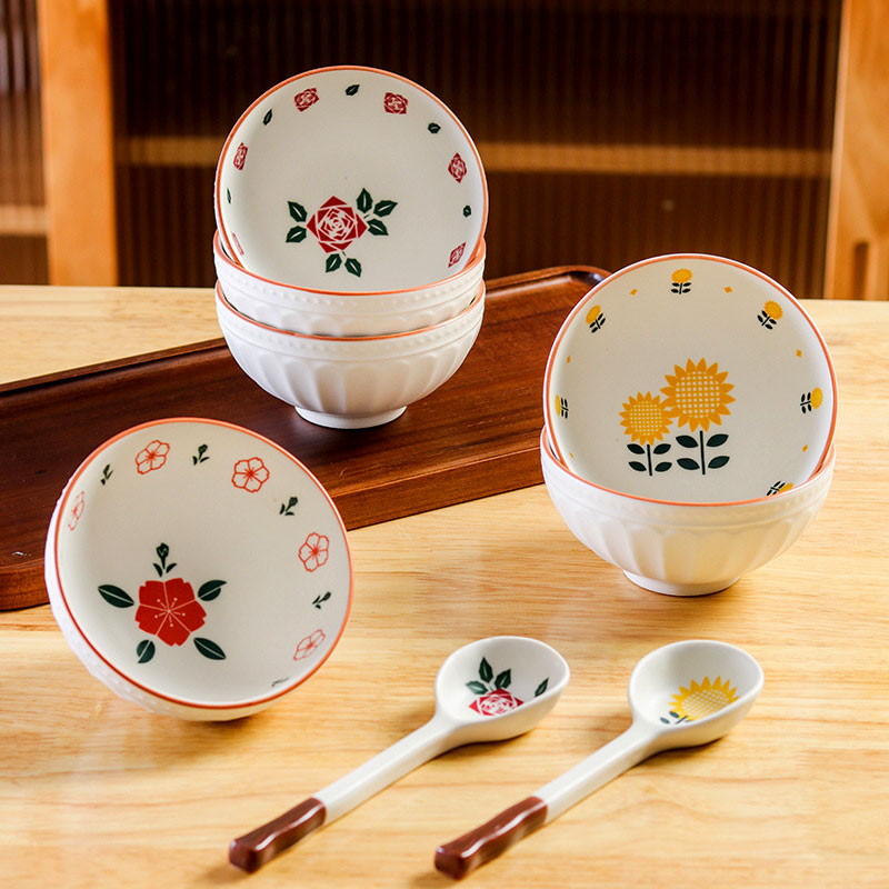 简约釉下彩陶瓷米饭碗向日葵玫瑰三叶草百合汤碗耐高温易清洗骨瓷