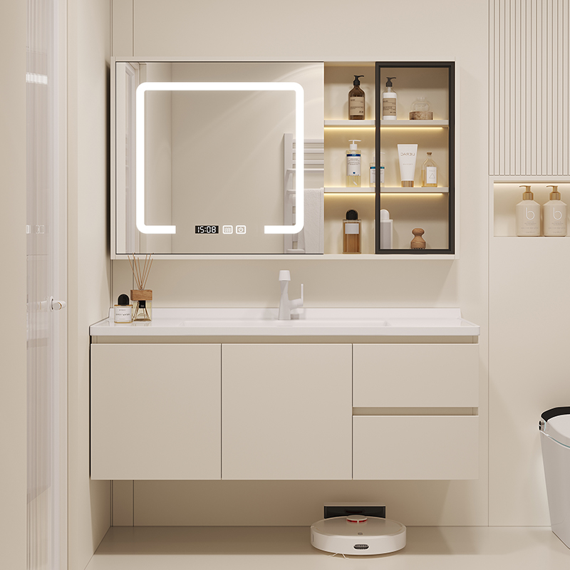 轻奢肤感一体盆浴室柜镜柜组合奶油风卫生间洗手池智能收纳洗脸盆