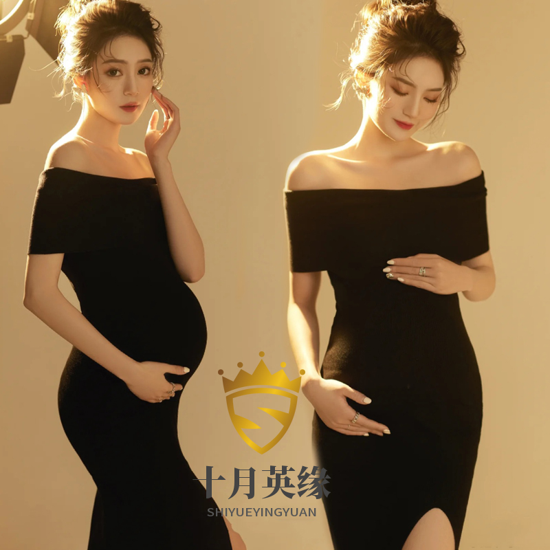孕妇照服装新款影楼摄影黑色显瘦时尚一字肩针织孕妇照衣服在家拍
