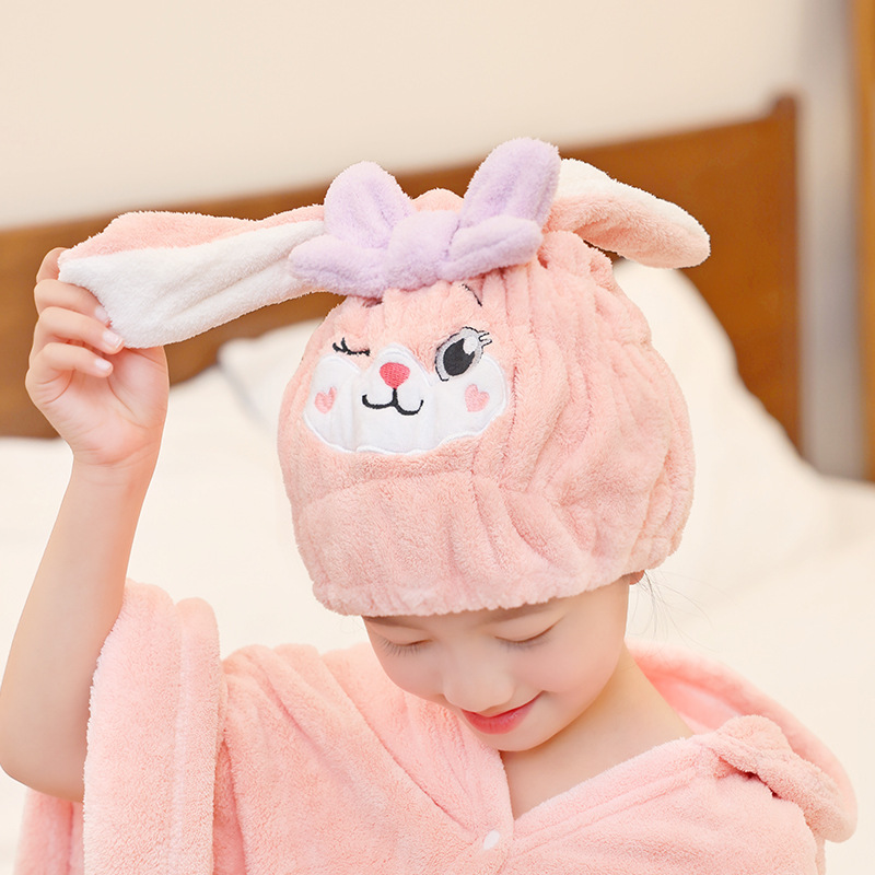 新款干发帽儿童卡通可爱粉色包头巾速干强力吸水珊瑚绒柔软加厚款