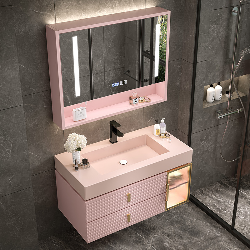 轻奢岩石一体盆浴室柜组合智能镜柜洗手盆洗面盆简约橡木现代