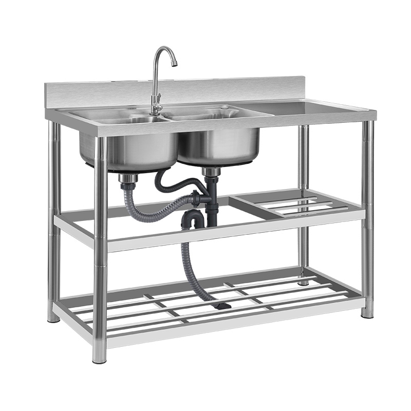 厨房不锈钢304水槽 单槽洗菜池带支架工作台一体式台面洗碗盆家用