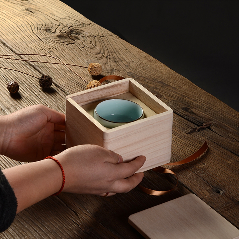 丝带卡口盖桐木盒11cm日式实木手工正方形紫砂陶瓷品杯收纳礼品盒