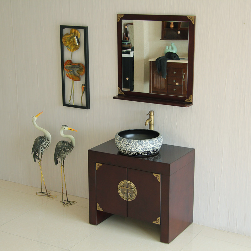新中式浴室柜小户型台上盆橡木实木落地式卫浴茶水柜洗漱台洗手盆