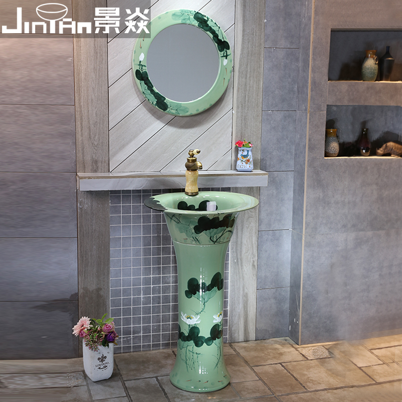 中式艺术立柱盆阳台落地式陶瓷洗脸盆卫生间立式一体洗手台盆