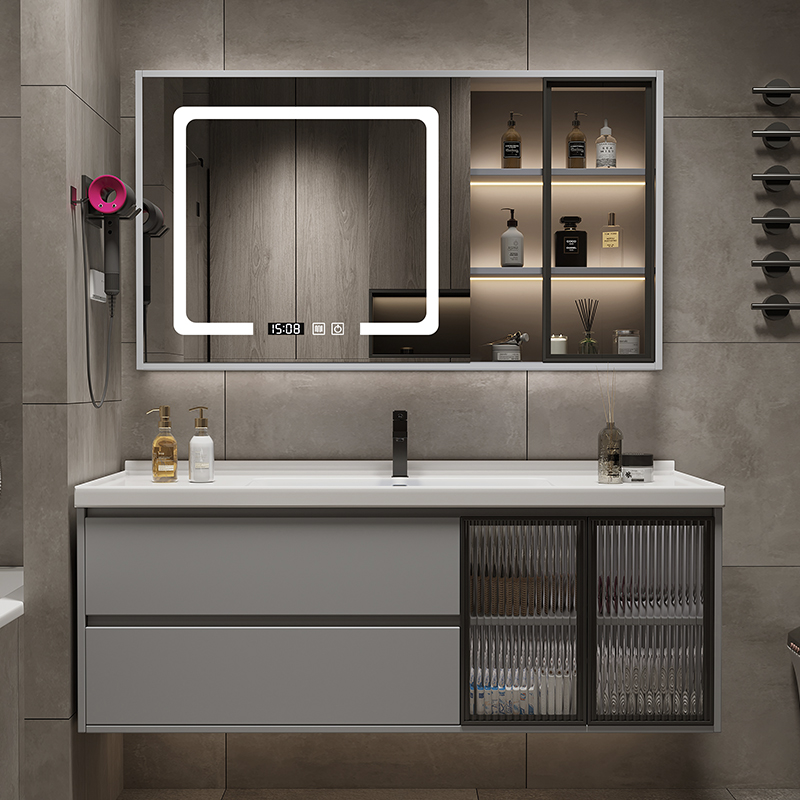 北欧实木银灰色玻璃门智能浴室柜洗手盆卫生间洗脸盆柜组合一体盆