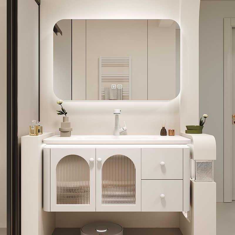 奶油风浴室柜组合简约现代一体陶瓷盆洗脸盆法式侧边收纳洗漱台盆